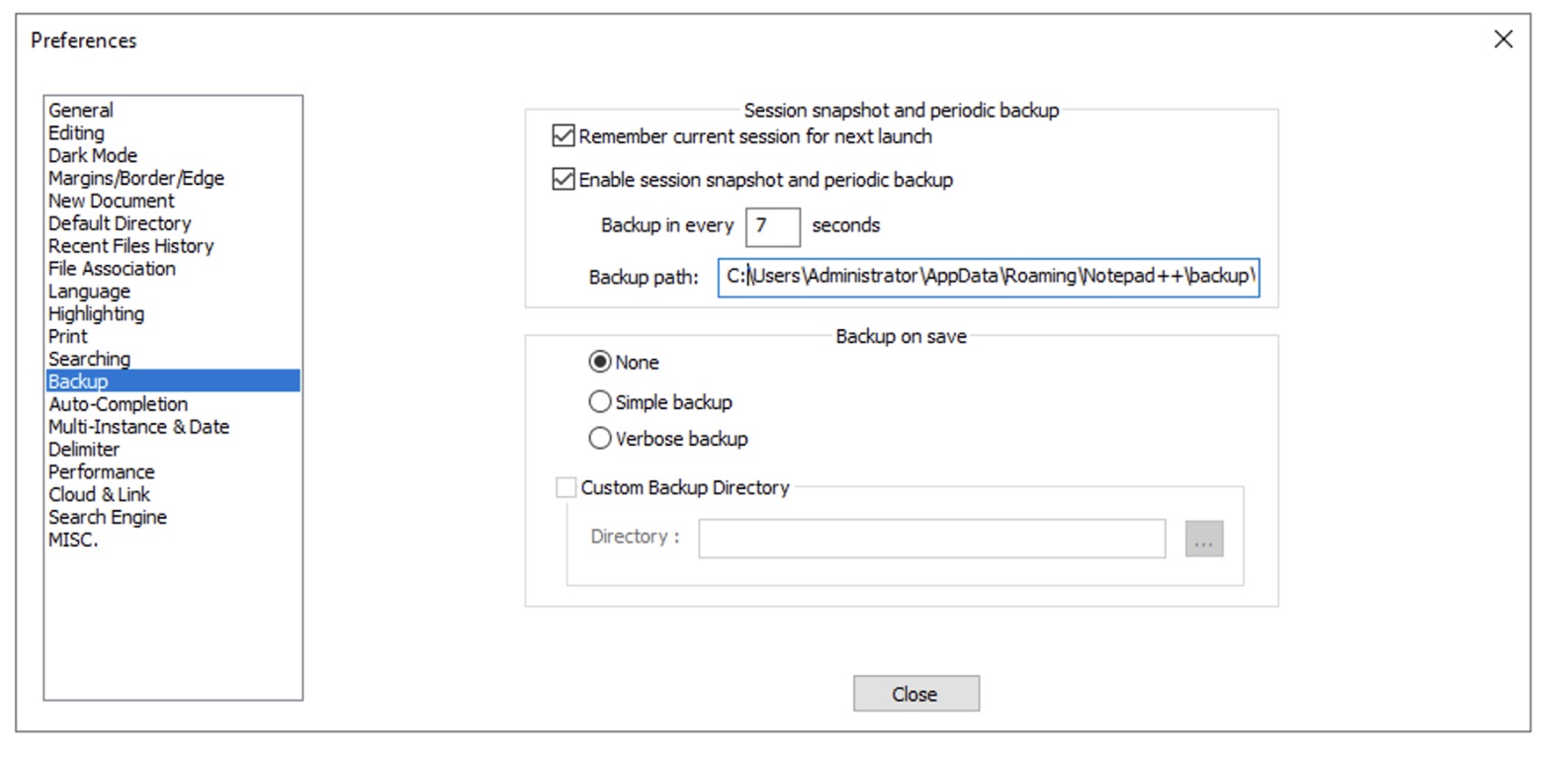 Notepad++ backup setting